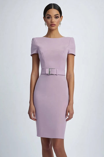 Robe formelle midi à manches courtes fourreau lilas avec ceintures
